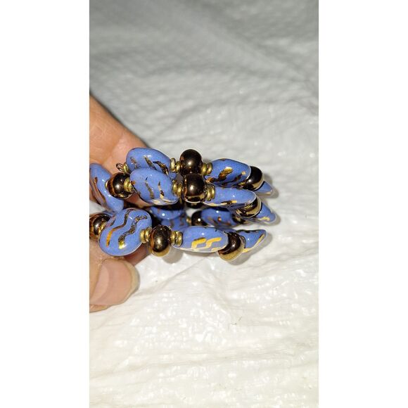 Art Glass Memory Wire Wrap Bracelet Chunky Blue Ceramic And Metal Elegant - Picture 6 of 6